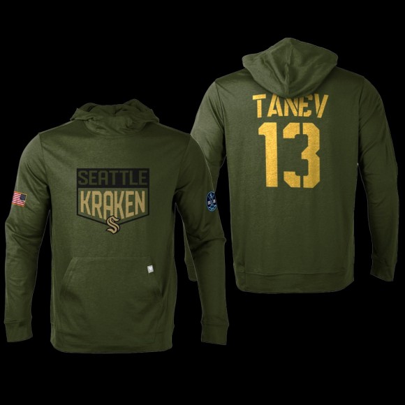 Brandon Tanev #13 Seattle Kraken Hoodie 2022 Salute to Service Olive Levelwear