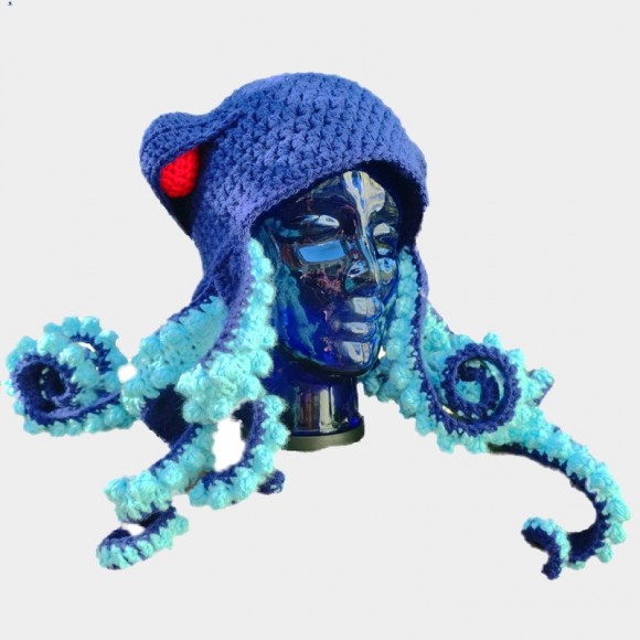 Kraken Tentacle Christmas Ugly Blue Knit Hat Cuffed Pom