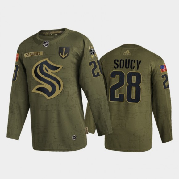 Seattle Kraken Carson Soucy Veterans Day 2021 Olive #28 Jersey Military Appreciation