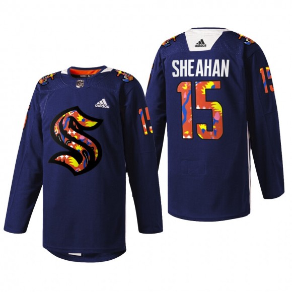 Riley Sheahan Seattle Kraken Women of Hockey Jersey Navy #15 Stevie Artwork Warmup