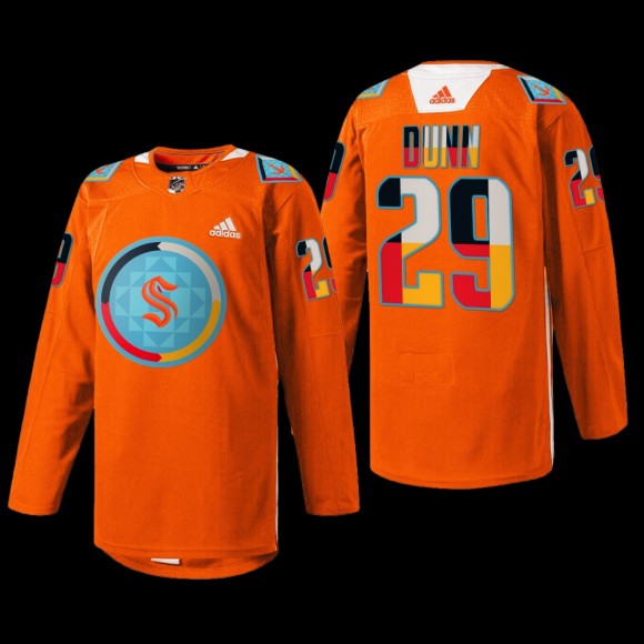 Seattle Kraken Vince Dunn #29 Indigenous People Night Jersey Orange Warmup