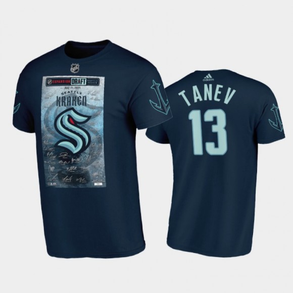 Men Seattle Kraken Brandon Tanev #13 2021 NHL Expansion Draft Navy Signature Roster T-Shirt