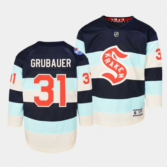 Seattle Kraken #31 Philipp Grubauer 2024 NHL Winter Classic Premier Player Blue Youth Jersey